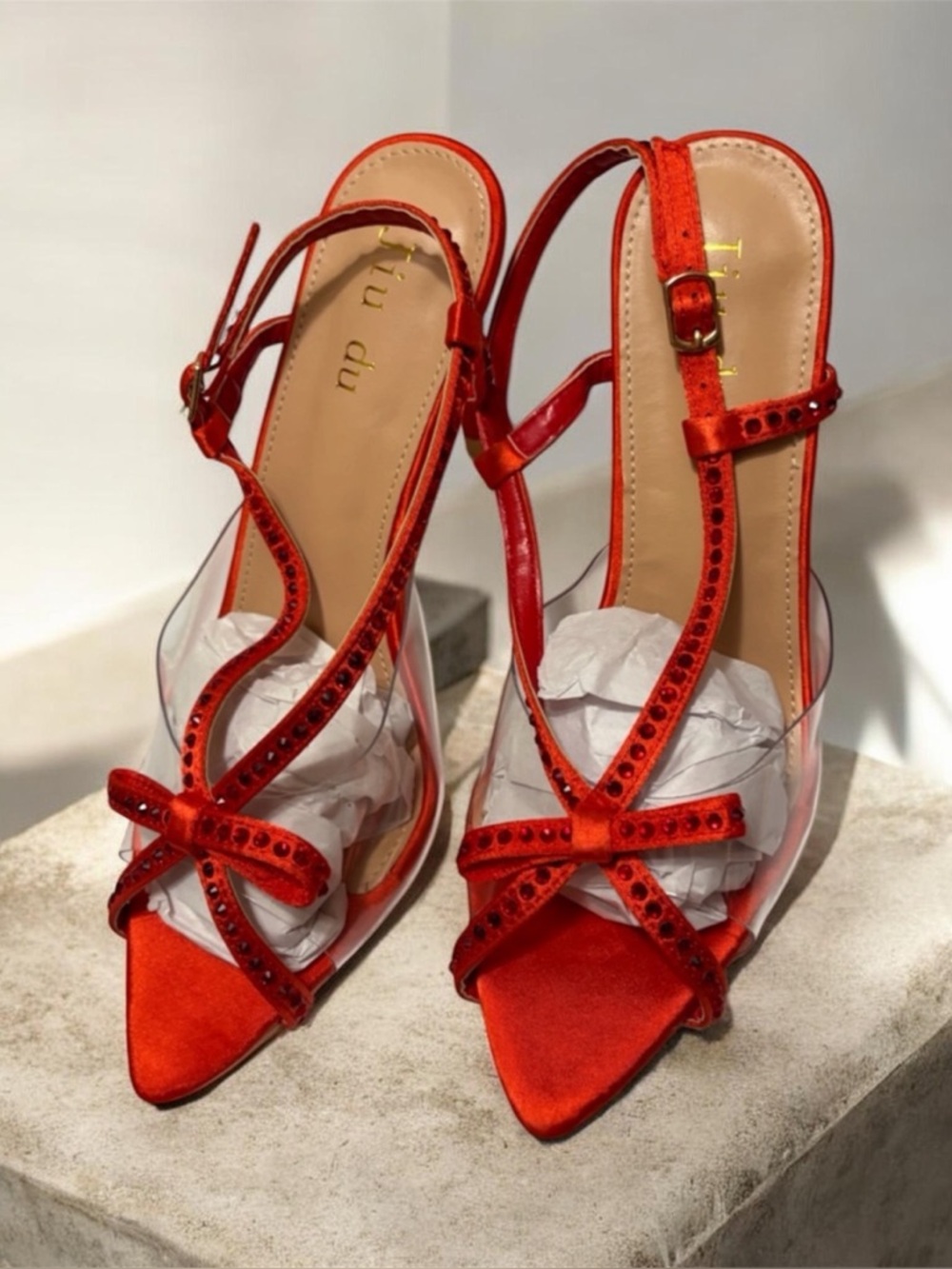 Red Crystal Strap Women’s 8.5 Slingback Sandals Heels